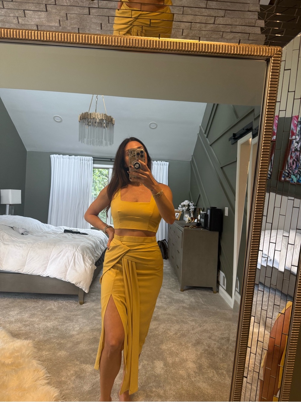 Mustard Yellow High-Slit Maxi Skirt with Twist Detail & Matching Crop Top